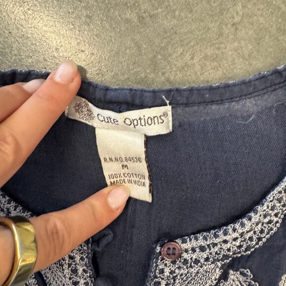 Vintage Y2k Navy Embroidered Paisley Whimsical Boho Tank Top Cotton Dress Medium - Picture 3 of 5